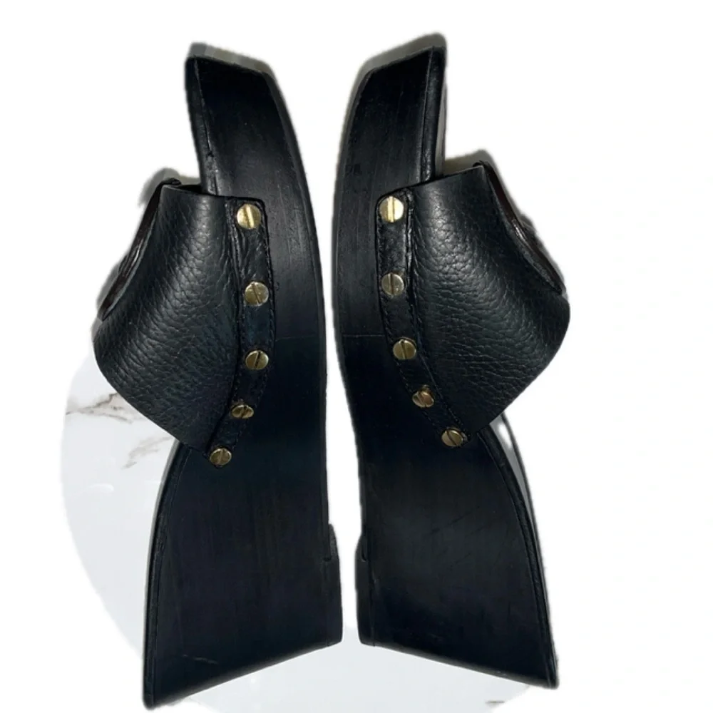 TORY BURCH Leather Slides, Black Size:9M